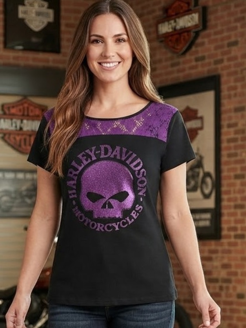 HARLEY-DAVIDSON Skull Logo Lace Accent Tee XL 20” p2p Black/Purple EUC